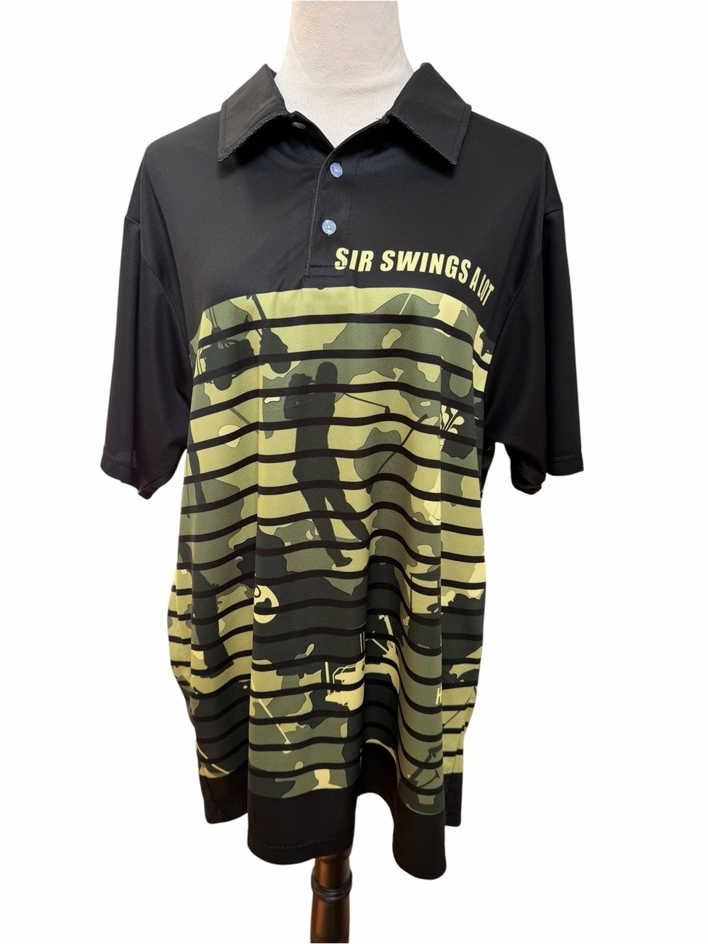 Men’s XL Black & Olive Camo Polo Shirt Funny Sir Swings A Lot Lightweight